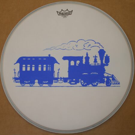A blue train painted onto a bass drum skin